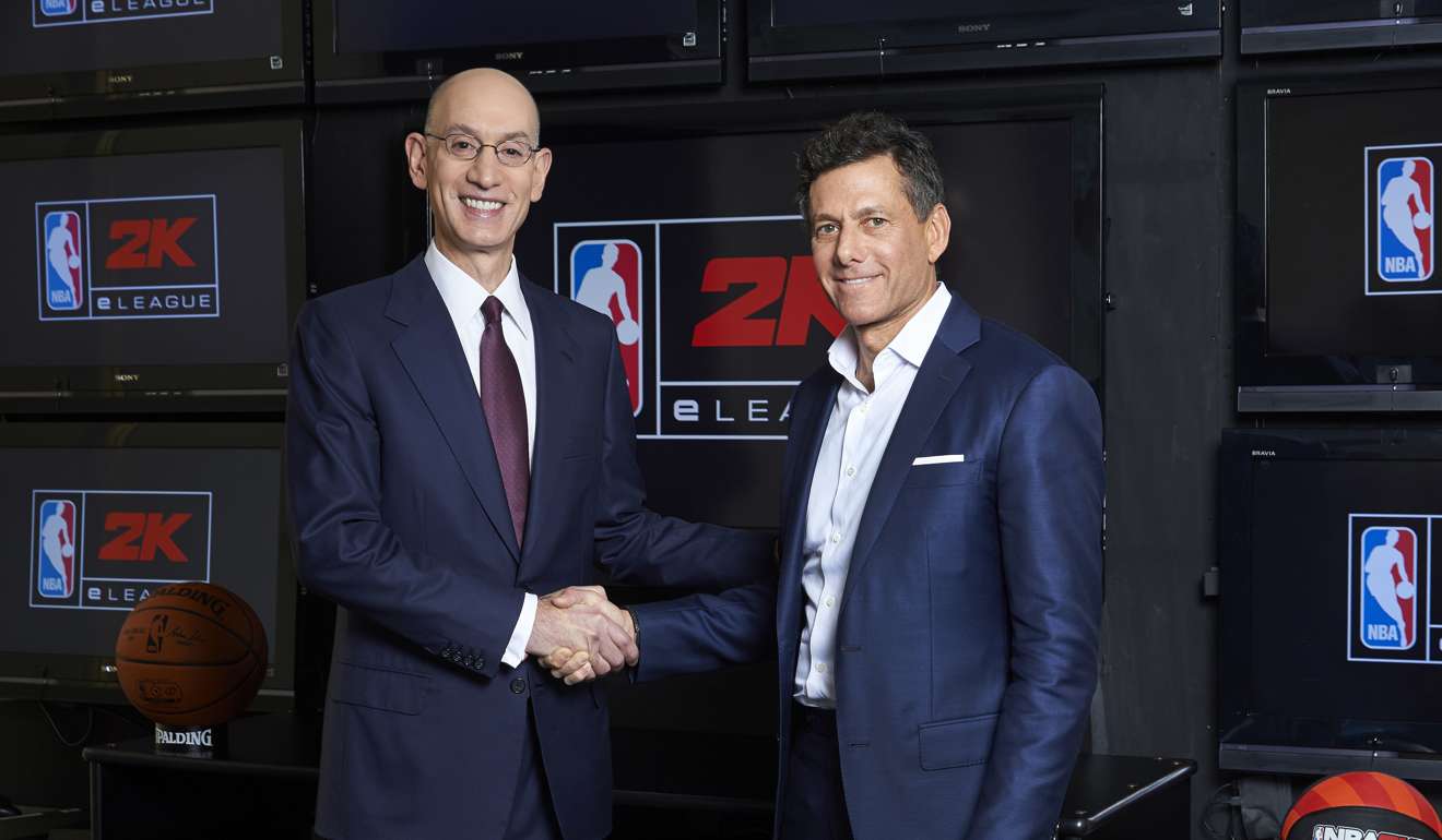 NBA Commissioner Adam Silver (left) and Take-Two CEO Strauss Zelnick at NBA headquarters in New York. Photo: AP