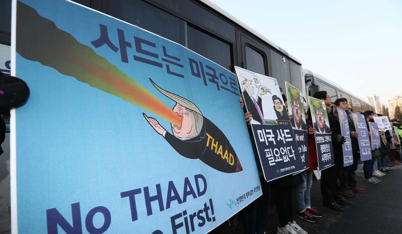 Demonstrators protest last month against the deployment of a missile defence shield in South Korea. Photo: Yonhap