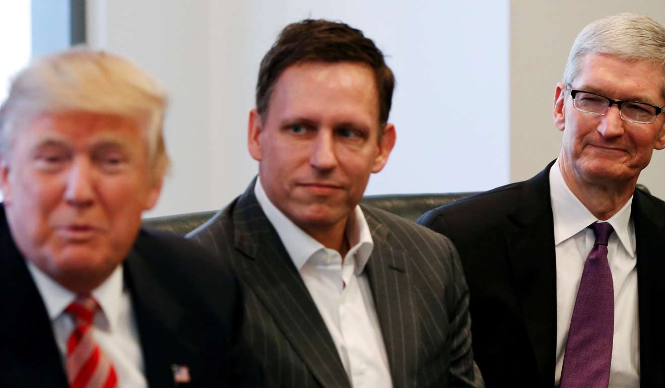 US President-elect Donald Trump, PayPal co-founder Peter Thiel and Apple Inc CEO Tim Cook during a meeting at Trump Tower in New York in December. Photo: Reuters