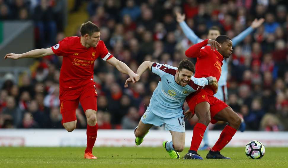 Burnley’s Robbie Brady in action with Liverpool’s Georginio Wijnaldum. Photo: Reuters