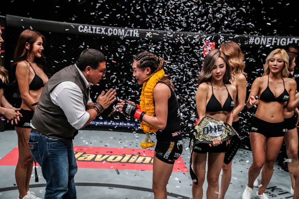 Lee celebrates her victory in Bangkok. Photo: One Championship