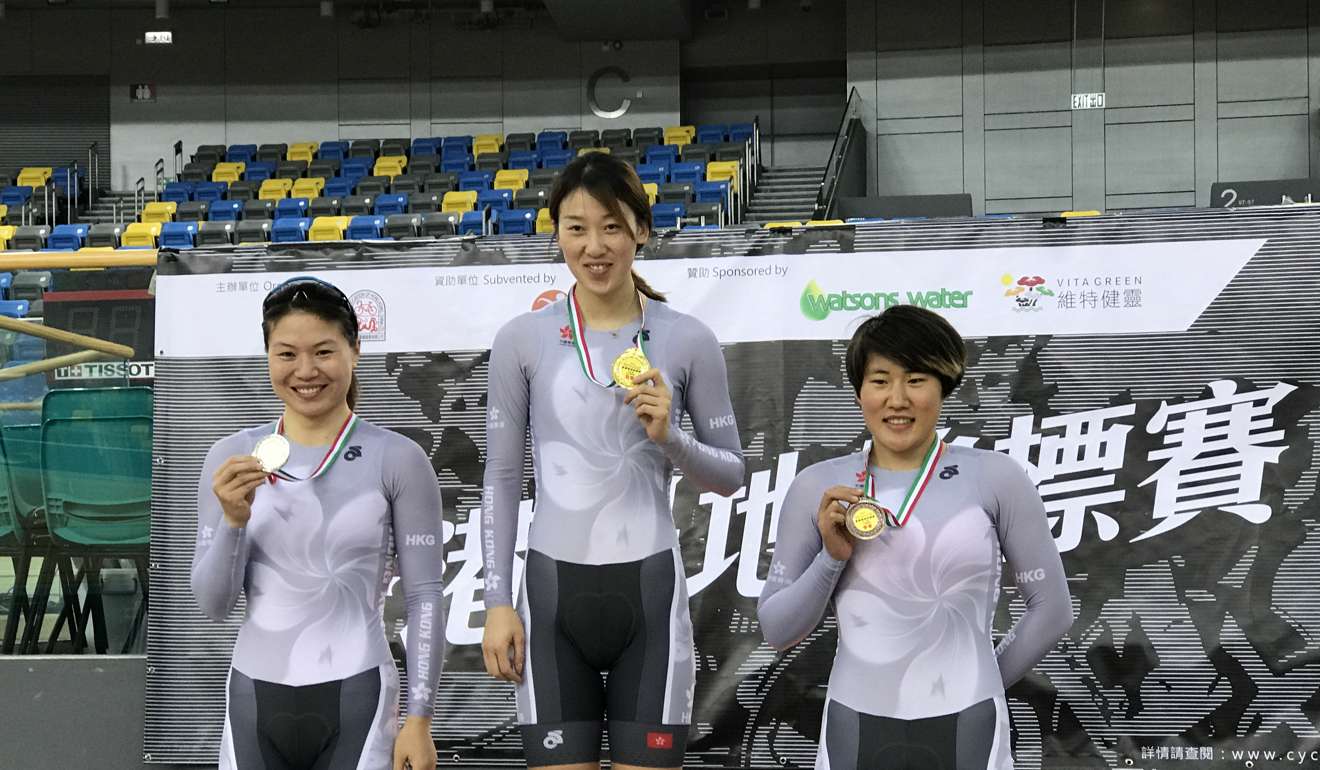 Yang Qian-yu, champion in the women's points race celebrate her gold medal at the National Cycling Championships in Tseung Kwan O. Hong Kong teammates Diao Xiaojuan (left) and Peng Yao came second and third.