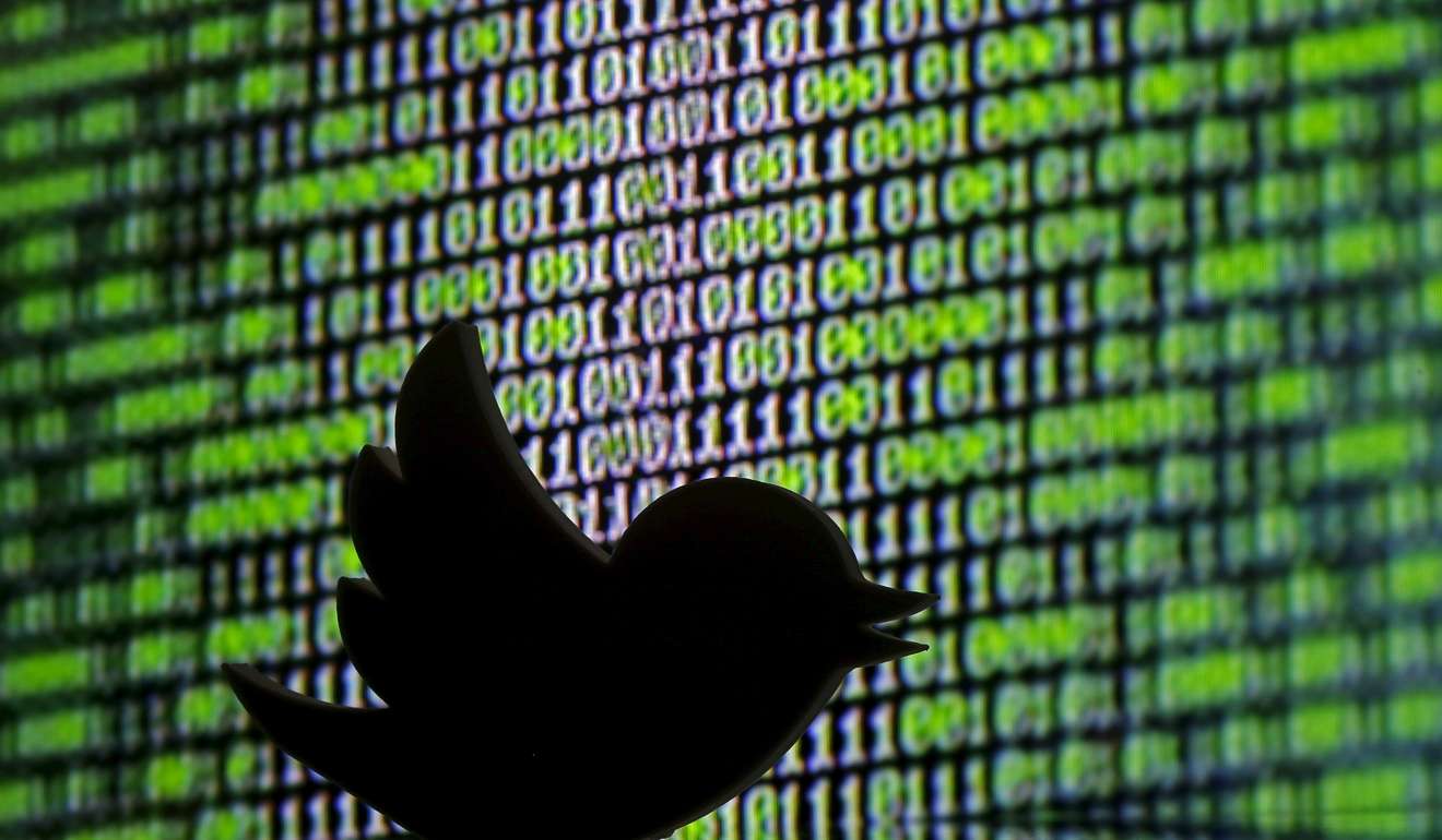 A 3D printed Twitter logo is seen as the instant messaging company suspended tens of thousands of accounts for “promotion of terrorism.” Photo: Reuters