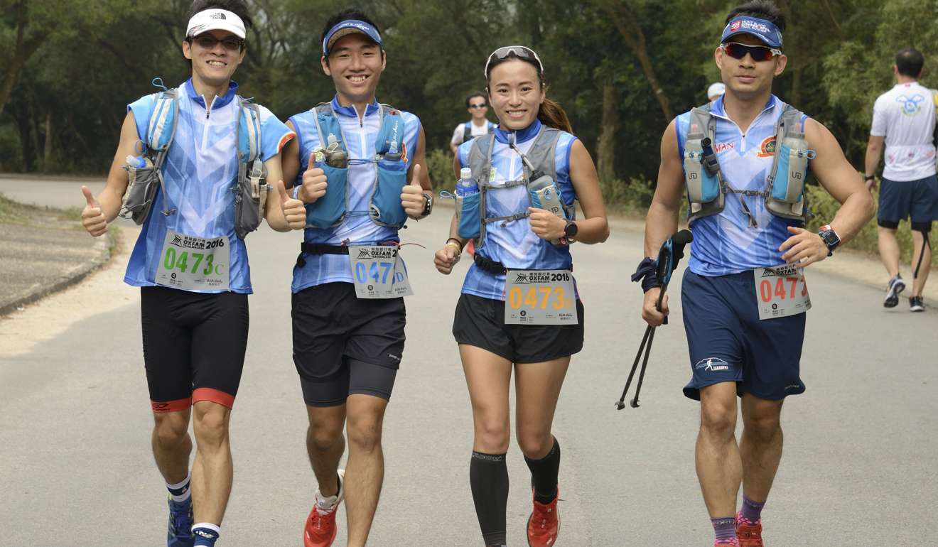 From left: Stanley Ho, Jeffrey Chau, Samantha Lau, and Pau, running in the Oxfam Trailwalker 2016. Photo: Daniel Chung