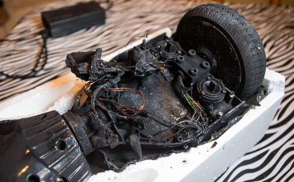 The remains of a hoverboard that exploded in 2016 while charging, causing minor damage to a US family's home. Photo: Chicago Tribune/TNS