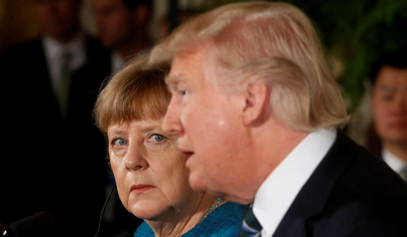 Germany Chancellor Angela Merkel and US President Donald Trump hold a joint news conference in the East Room of the White House in Washington on March 17. Photo: Reuters