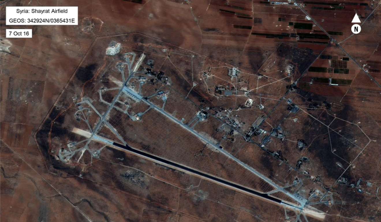 A handout photo made available by the US Department of Defence shows an aerial view of the al-Shayrat Airfield near Homs, Syria, target of a US cruise missile strike on Friday. Photo: EPA