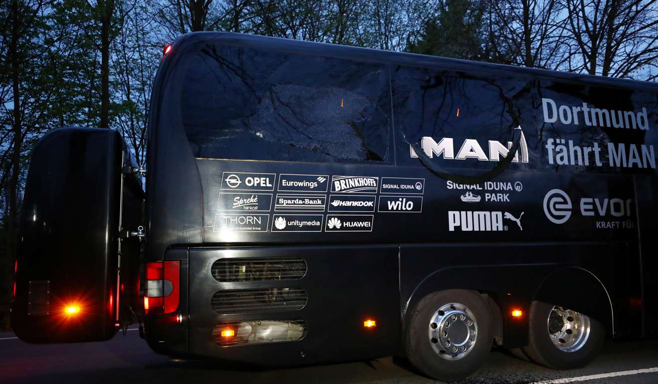 A view on the damaged windows of the Borussia Dortmund’s team bus after it was hit by three explosions. Photo: Reuters