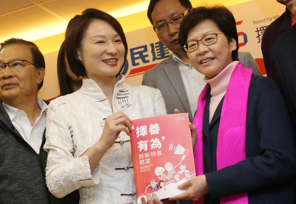 DAB chair Starry Lee and members of her party at a meeting with then chief executive-hopeful Carrie Lam in North Point, on February 4. Lee has said she is ready to present now incoming chief executive Lam with a list of candidates for her cabinet. Photo: Felix Wong