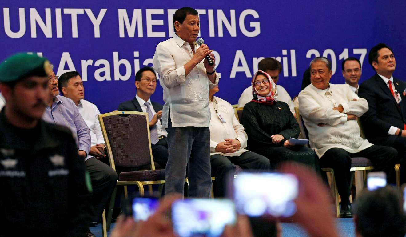 Philippine President Rodrigo Duterte speaks during a meeting with the Filipino community in Riyadh on Wednesday. Photo: Reuters