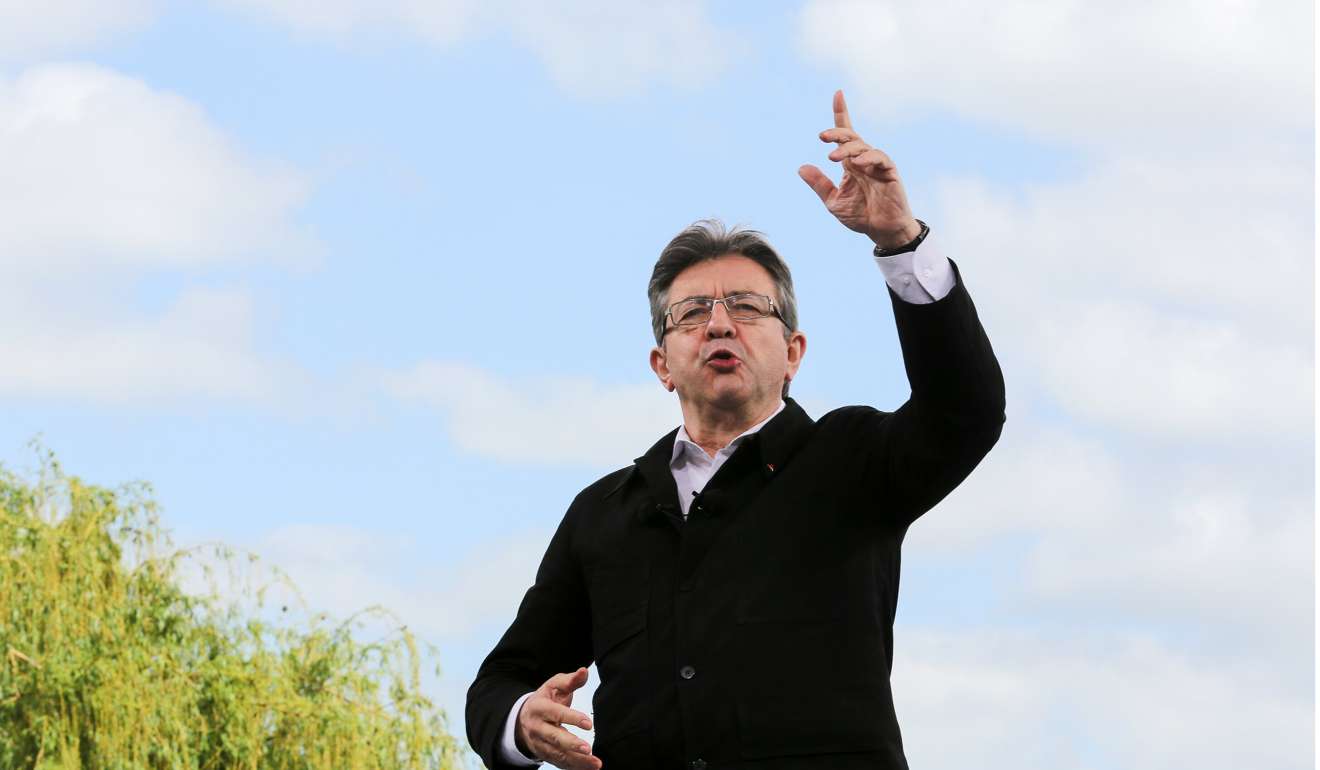 Jean-Luc Melenchon, candidate for the far-left coalition La France Insoumise, in the worker’s jacket he bought from a shop that sells professional uniforms, in keeping with his man-of-the-people image. Photo: EPA