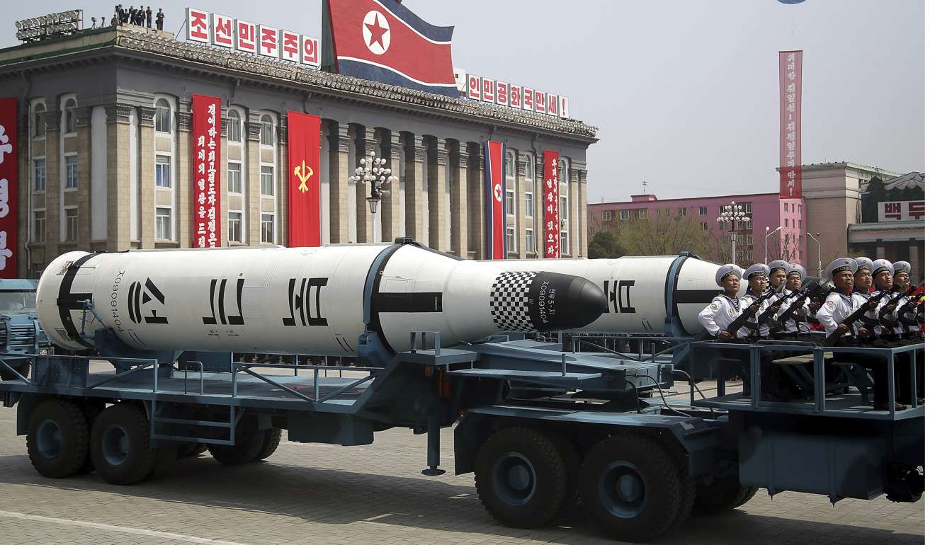 A submarine missile is paraded across Kim Il-sung Square during a military parade in Pyongyang. Photo: AP