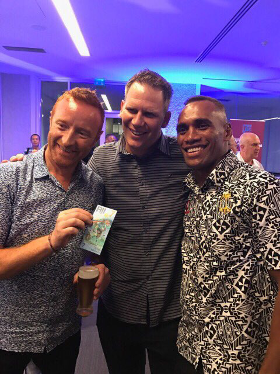Fiji’s Rio Games coach Ben Ryan, filmmaker Bruce Southwick and skipper Osea Kolinisau at the ceremony to unveil the seven-dollar note. Photo: Zoomfiji
