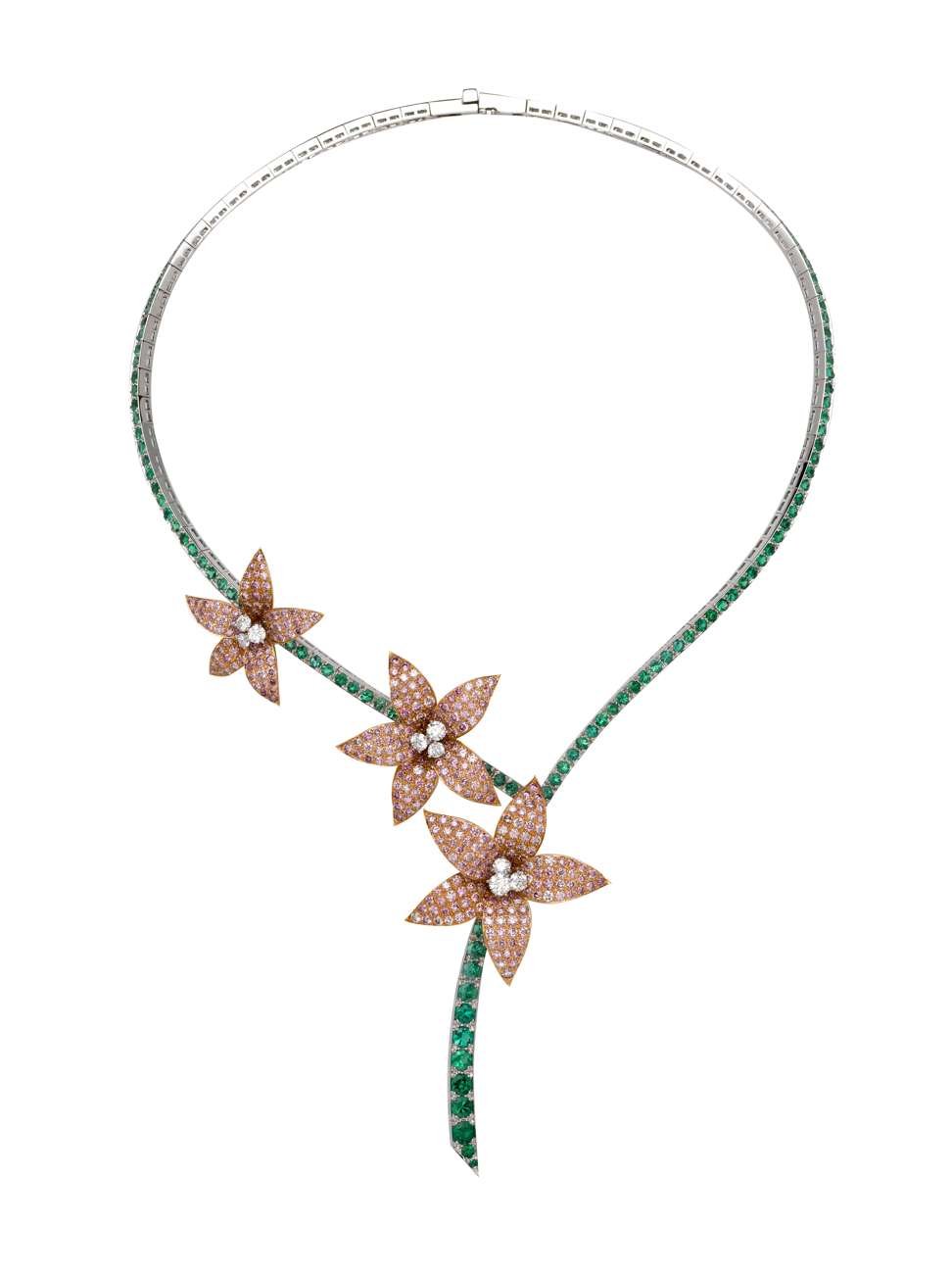 The sparkling emeralds, pink and white diamonds on the 18 ct gold necklace are complemented with an irregular silhouette. Price on request