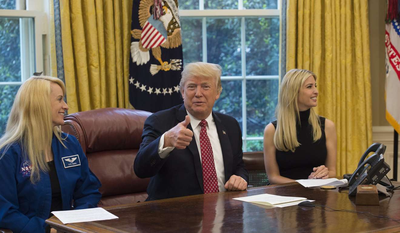 US President Donald J. Trump, his daughter Ivanka Trump (R) and NASA Astronaut Kate Rubins (L), during a video conference with NASA astronauts where they congratulated NASA astronaut Peggy Whitson for her record-breaking stay aboard the International Space Station. Photo: EPA