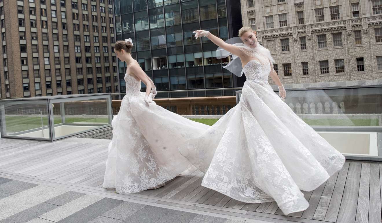 Looks from the Monique Lhuillier bridal collection at Bridal Fashion Week in New York. Photo: AP