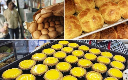 Ching Git-kau holds a tray of Portugese tarts at Hoover Cake Shop in Kowloon City. Photo: SCMP Pictures