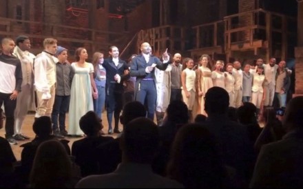 Actor Brandon Victor Dixon who plays Arron Burr, the nation’s third vice president, in Hamilton speaks from the stage after the curtain call in New York. Photo: AP Actor Brandon Victor Dixon who plays Arron Burr, the nation’s third vice president, in Hamilton speaks from the stage after the curtain call in New York. Photo: AP
