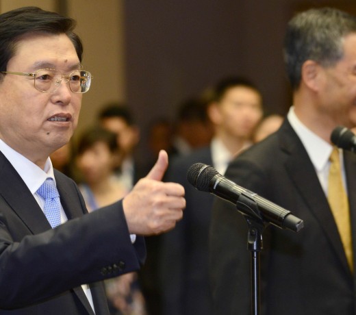 Zhang Dejiang (left) with Chief Executive Leung Chun-ying in Hong Kong. Photo: SCMP Pictures