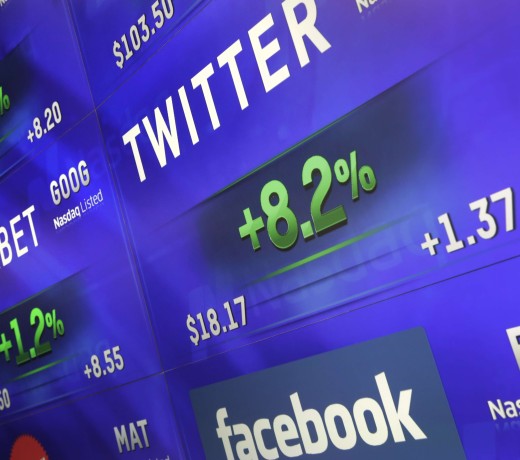 Electronic screens post stock prices of Twitter, Facebook and Alphabet, the parent company of Google, at the Nasdaq MarketSite in New York. Photo: AP