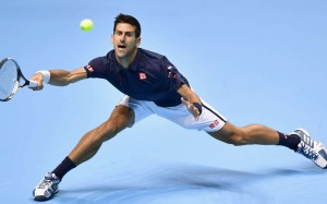 Novak Djokovic of Serbia faces off against Milos Raonic of Canada during an ATP World Tour Finals match in London on Nov. 15, 2016. Djokovic won 7-6, 7-6. (Kyodo) ==Kyodo