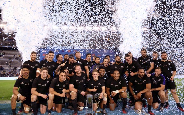 The All Blacks celebrate with the Rugby Championship trophy after their win over Argentina on Sunday morning (Hong Kong time). Photo: Reuters