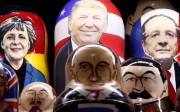 Matryoshka dolls bearing the faces of German Chancellor Angela Merkel, Donald Trump, French President Francois Hollande, Britain’s Queen Elizabeth, Vladimir Lenin, Russian President Vladimir Putin and Josef Stalin are displayed at a souvenir shop in central Moscow. Photo: Reuters