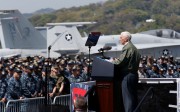 US Vice-President Mike Pence delivers a speech to US and Japanese service members on the flight deck of the USS Ronald Reagan at the US naval base in Yokosuka, south of Tokyo. Photo: Reuters
