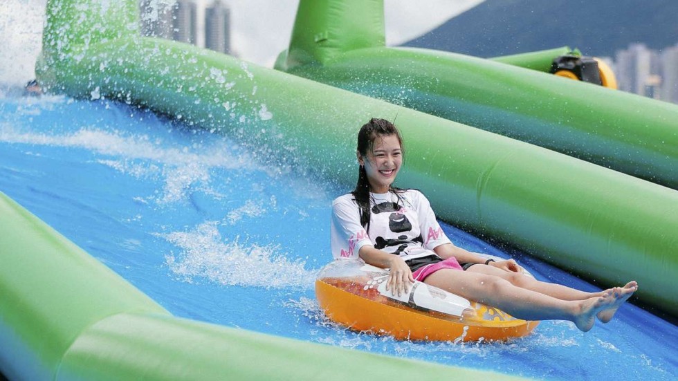 Giant Water Slide In Heart Of Hong Kong Meant To Help Halt Slipping