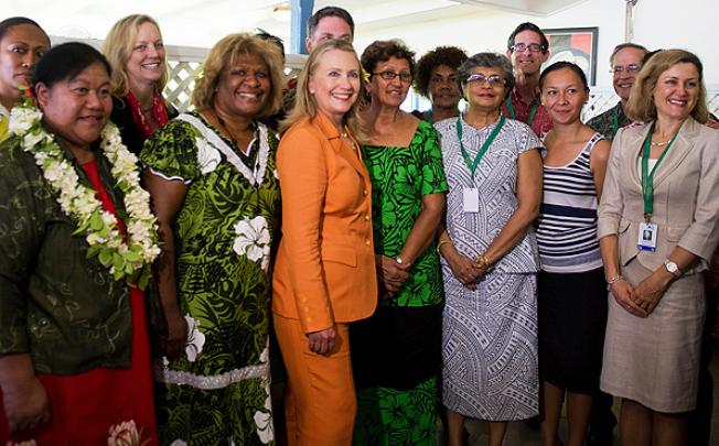 US Secretary of State Hillary Clinton poses with women who took part in Dialogue on Gender Equality in Rarotonga, Cook Islands, on Friday. Photo: AFP 