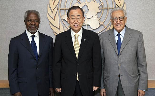 (From left) Former UN leader Kofi Annan, Secretary-General Ban Ki-moon and envoy Lakhdar Brahimi. Photo: AFP