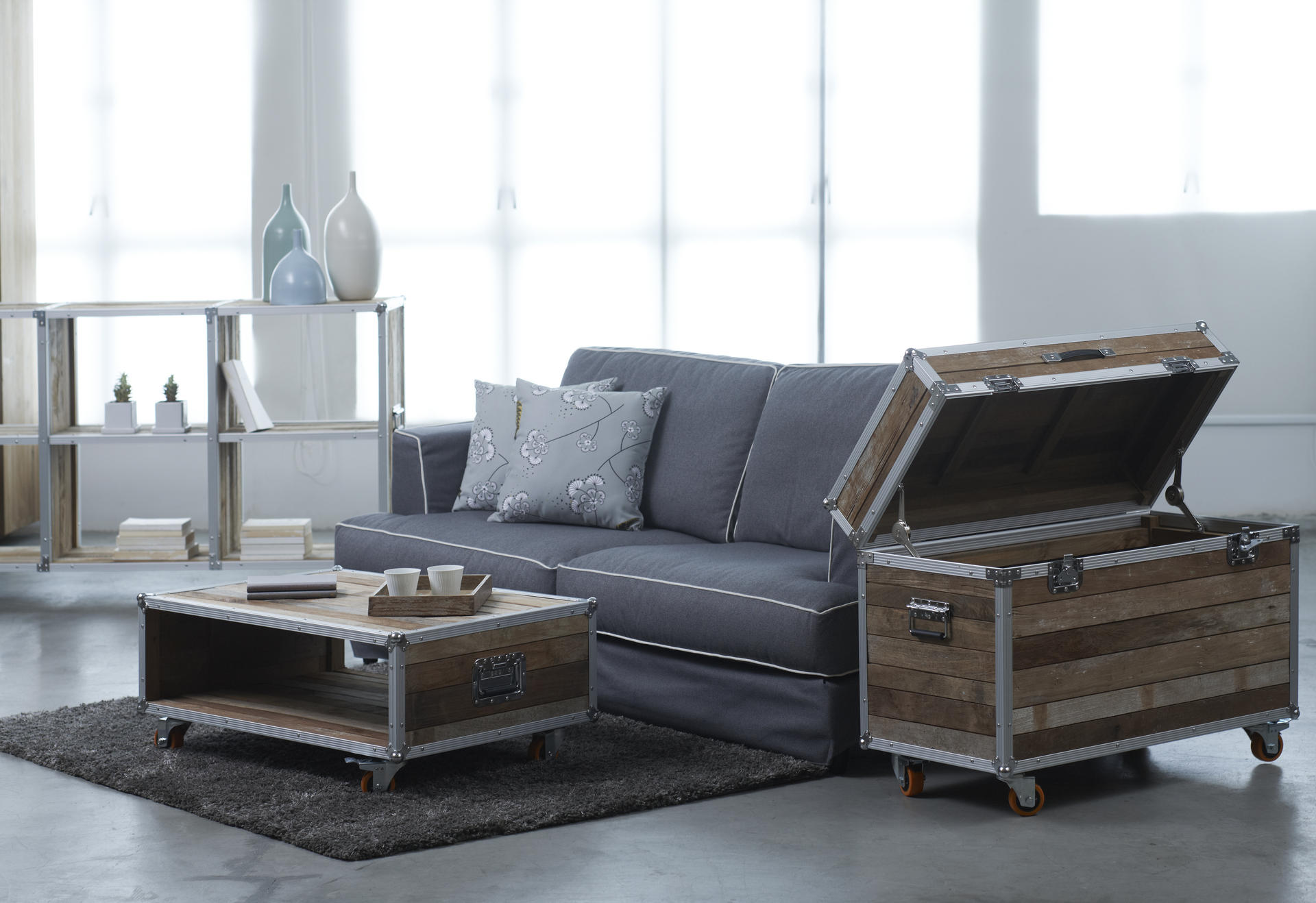 The Roadie collection features reclaimed wood and lockable wheels.