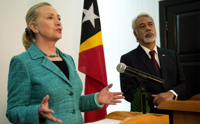 US Secretary of State Hillary Clinton and East Timor's Prime Minister Xanana Gusmao hold a joint press conference after talks in Dili on Thursday. Photo: AFP