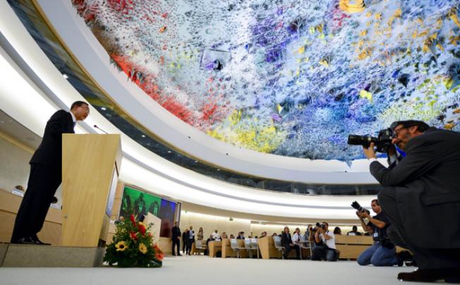 UN Secretary General Ban Ki-moon gives a speech during the 21st session of the UN Human Rights Council on Monday at the UN offices in Geneva. Photo: AFP
