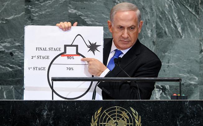 Israeli Prime Minister Benjamin Netanyahu shows a graphic representing Iran's nuclear programme at the UN General Assembly in New York. Photo: Xinhua