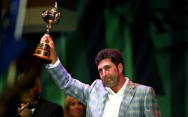 European team captain Jose Maria Olazabal holds the Ryder Cup at the closing ceremony after Europe defeated the USA to retain the Ryder Cup. Photo: AFP