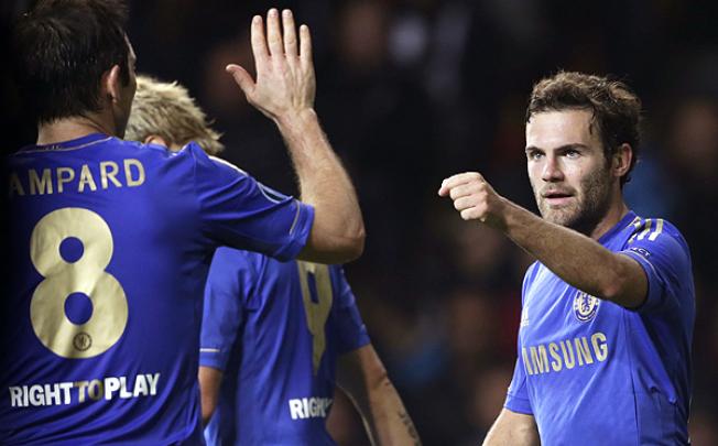 Chelsea's Mata celebrates his second goal against Nordsjælland. Photo: AFP