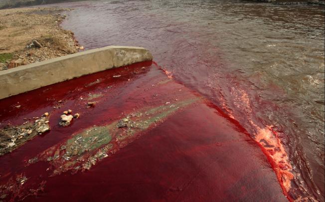Red dye being dumped into the city's storm water pipe network by two illegal dye workshops in Luoyang, north China's Henan province.