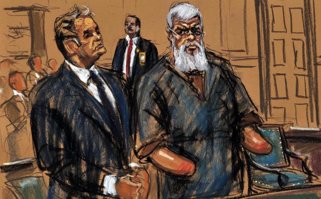 A courtroom sketch of British radical Islamic preacher Abu Hamza on Tuesday. Photo: AFP