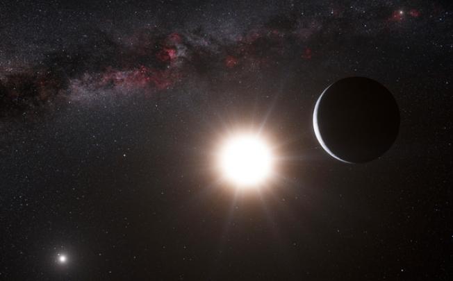 This artist’s impression made available by the European Southern Observatory on Tuesday shows a planet orbiting the star Alpha Centauri B (centre) a member of the triple star system that is the closest to earth. Alpha Centauri A on the left. Photo: AP