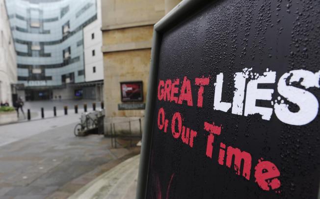 A sign outside Broadcasting House in London could well be alluding to the turmoil roiling the BBC over the Jimmy Savile scandal. Photo: EPA