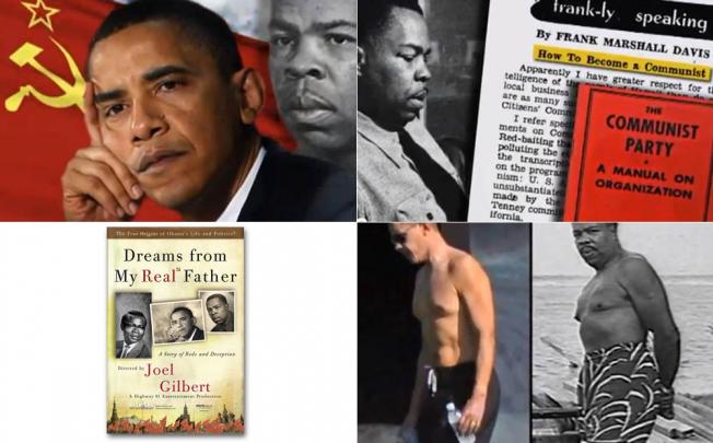 A screengrab (top left) from the film Dreams From My Real Father (bottom left), which tries to claim that Barack Obama is really the son of a Communist Party loyalist, Frank Marshall Davis (top right) and compares their physiques (bottom right).