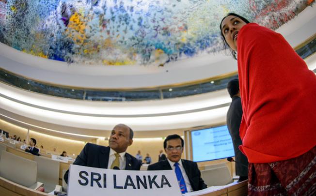 Members of the Sri Lankan delegation attend a periodic review of the human rights situation in Sri Lanka before the UN Human Rights Council on Thursday. Photo: AFP
