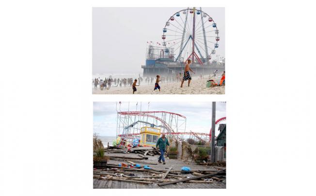 The Funtime Pier in Seaside Heights, New Jersey, crumpled during the storm. Photos: AP