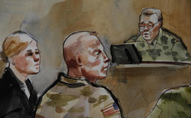 A courtroom sketch of Staff Sergeant Robert Bales (centre) during the preliminary hearing held at Joint Base Lewis-McChord. Photo: AP