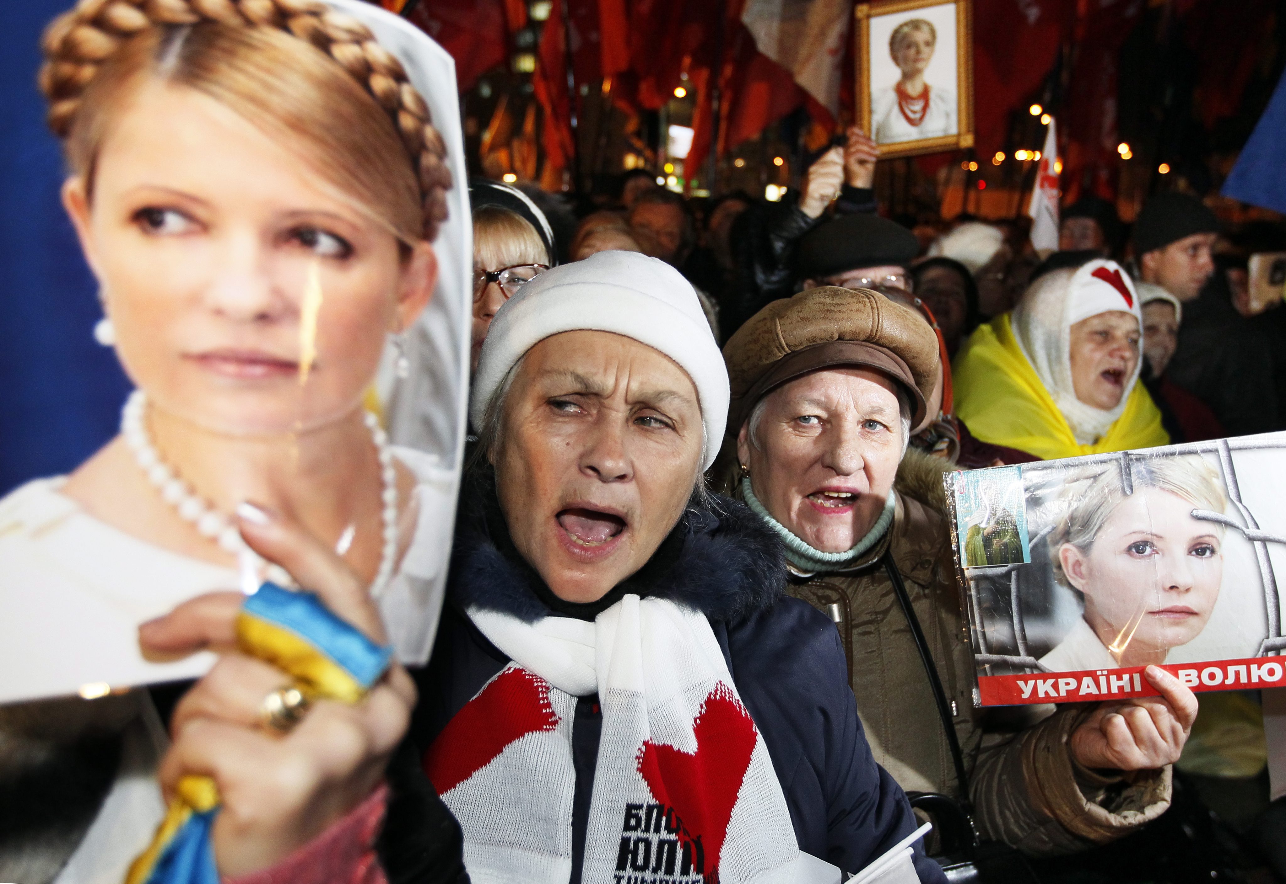 Supporters of jailed opposition leader Yuliya Tymoshenko shout slogans at a rally in Kiev, Ukraine, on Monday. Photo: EPA