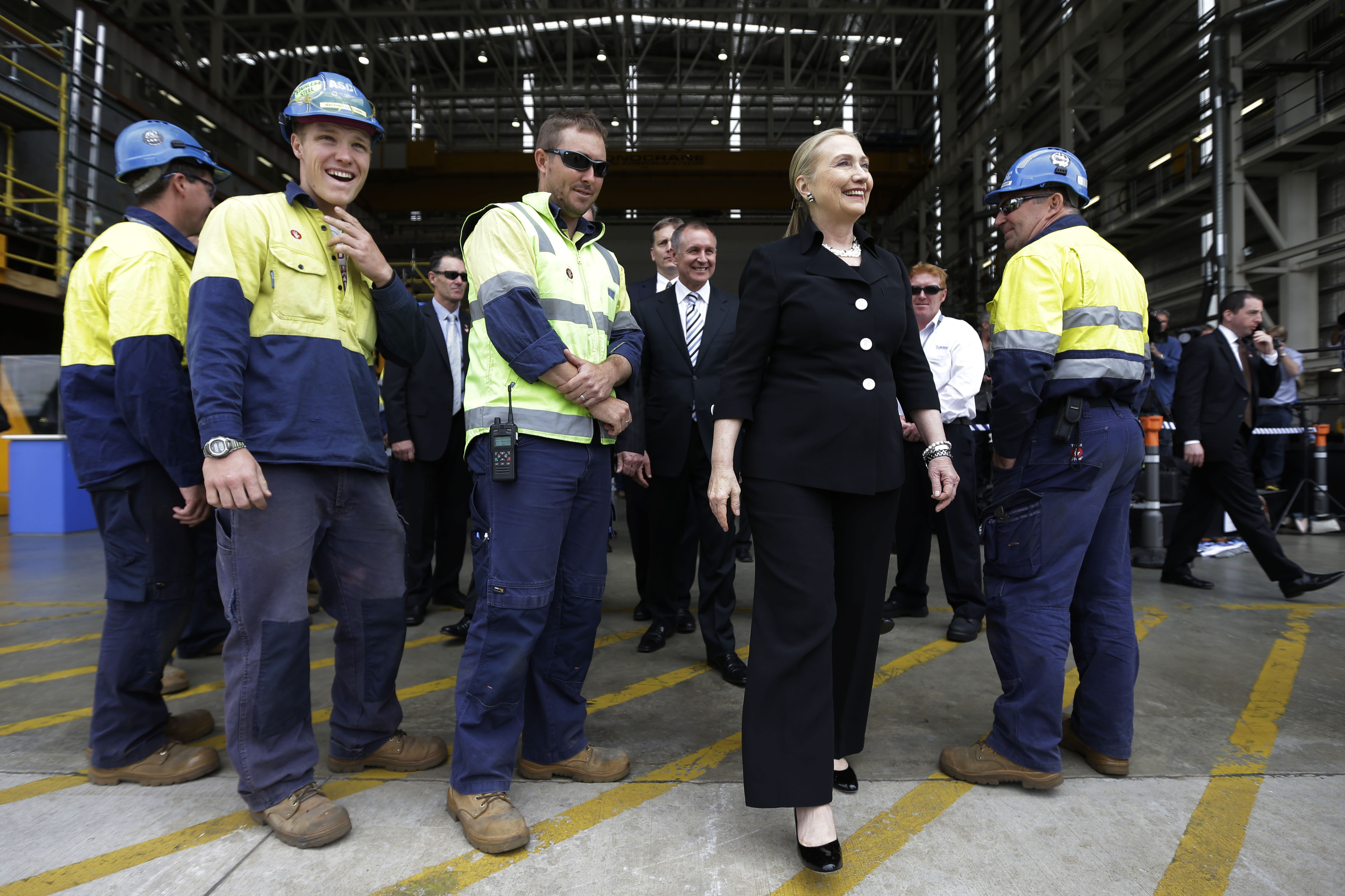 US Secretary of State Hillary Clinton meets workers at the Techport Australia shipbuilding facility near Adelaide in Australia on Thursday. Photo: AP 