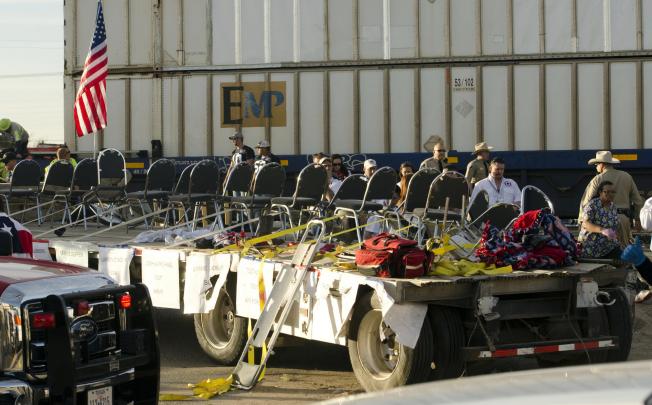 Empty chairs atop the float after the accident. Photo: AP
