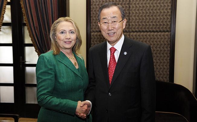 US Secretary of State Hillary Clinton meet with United Nation Secretary-General Ban Ki-moon at the King David Hotel in Jerusalem. Photo: EPA