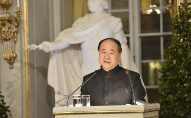 Chinese writer and 2012 Nobel Literature Prize laureate speaks during the traditional Nobel lecture on Friday at the Royal Swedish Academy in Stockholm. Photo: Xinhua